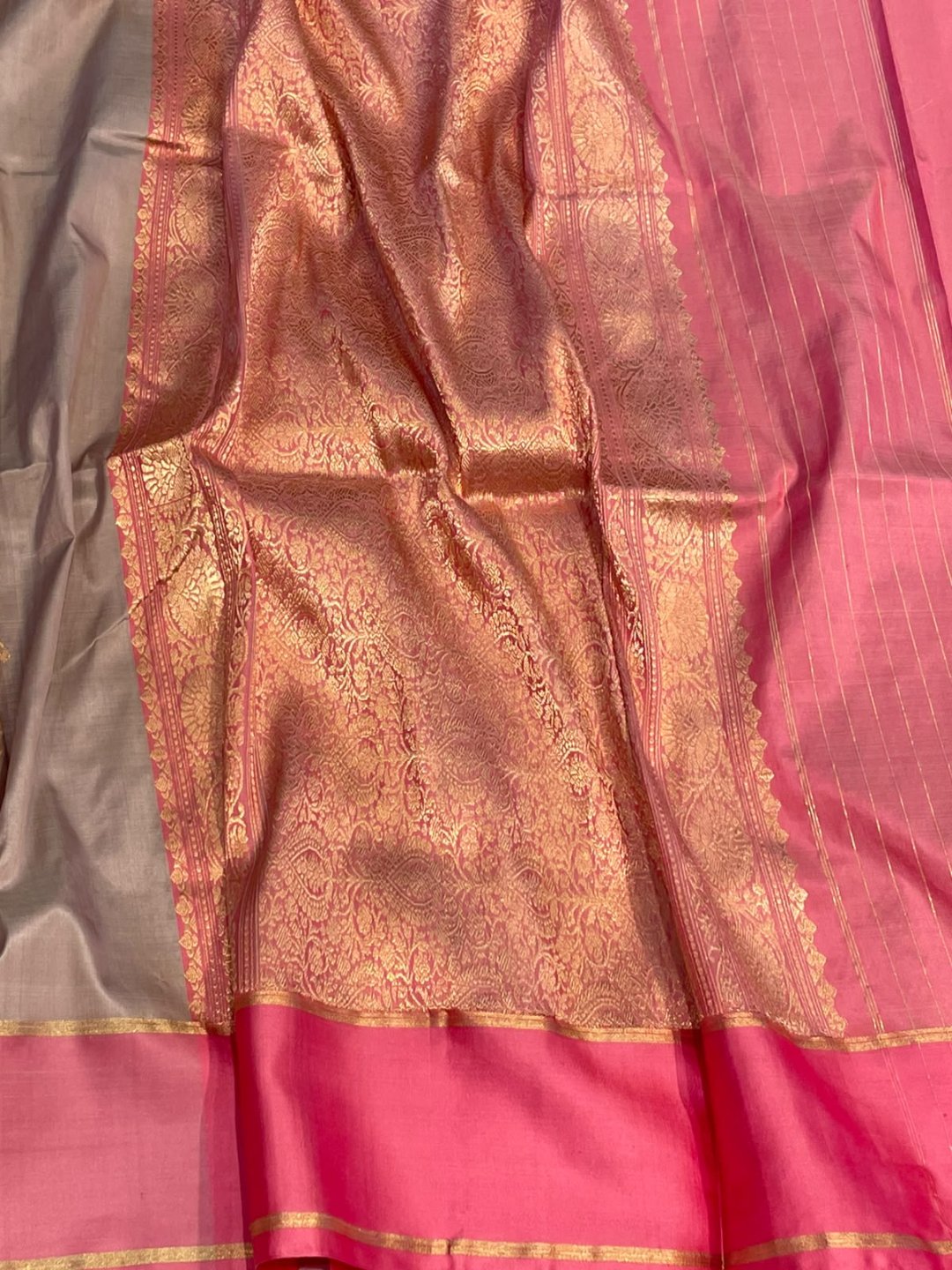 Onion pink with pink patta border Satin Silk Banarasi saree front drape view