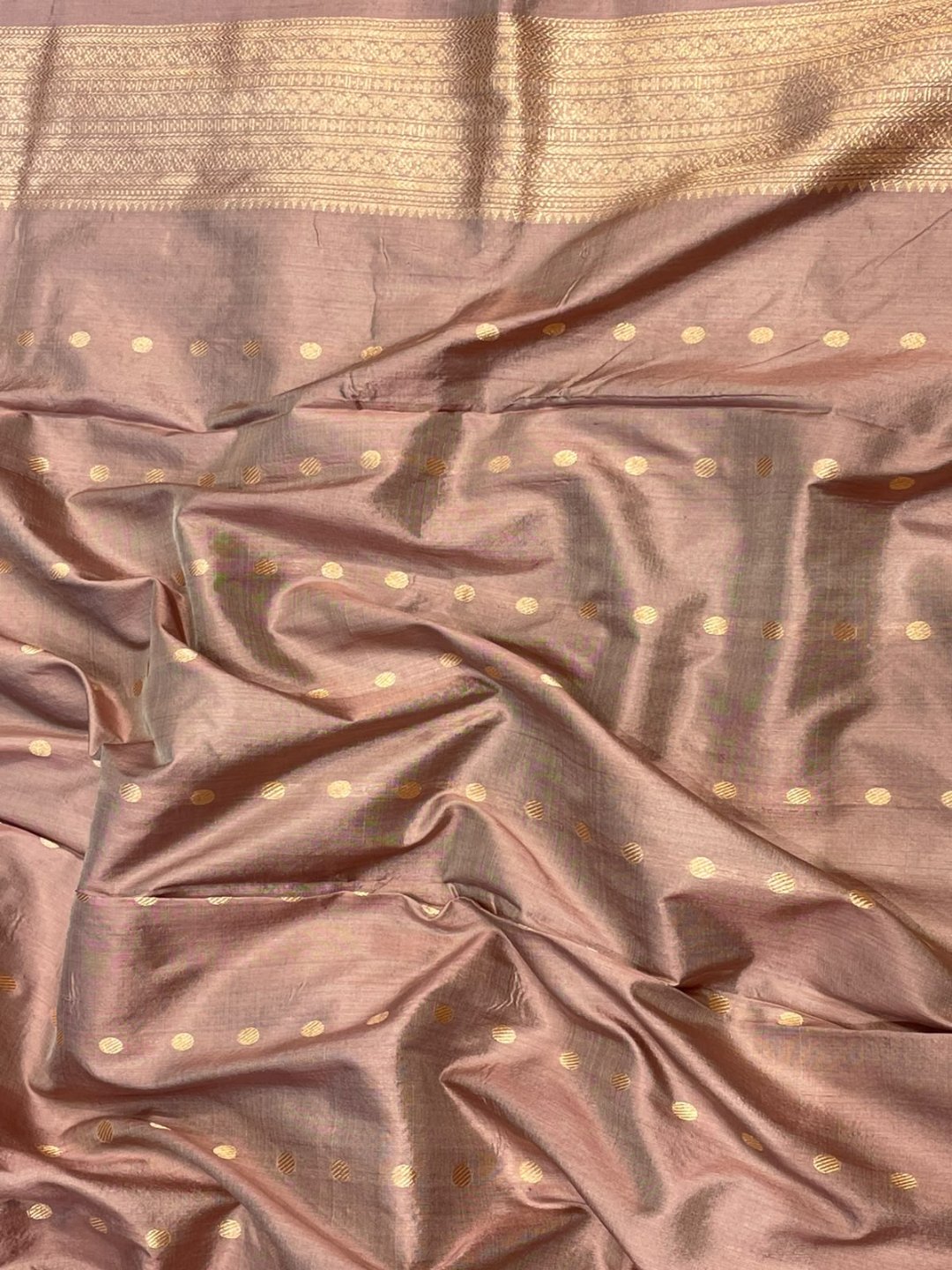 Grey with peach patta border Satin Silk Banarasi saree full spread