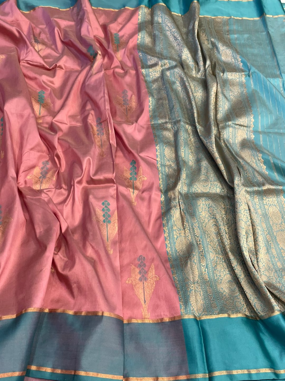 Light pink with sea blue border Satin Silk Banarasi saree front drape view