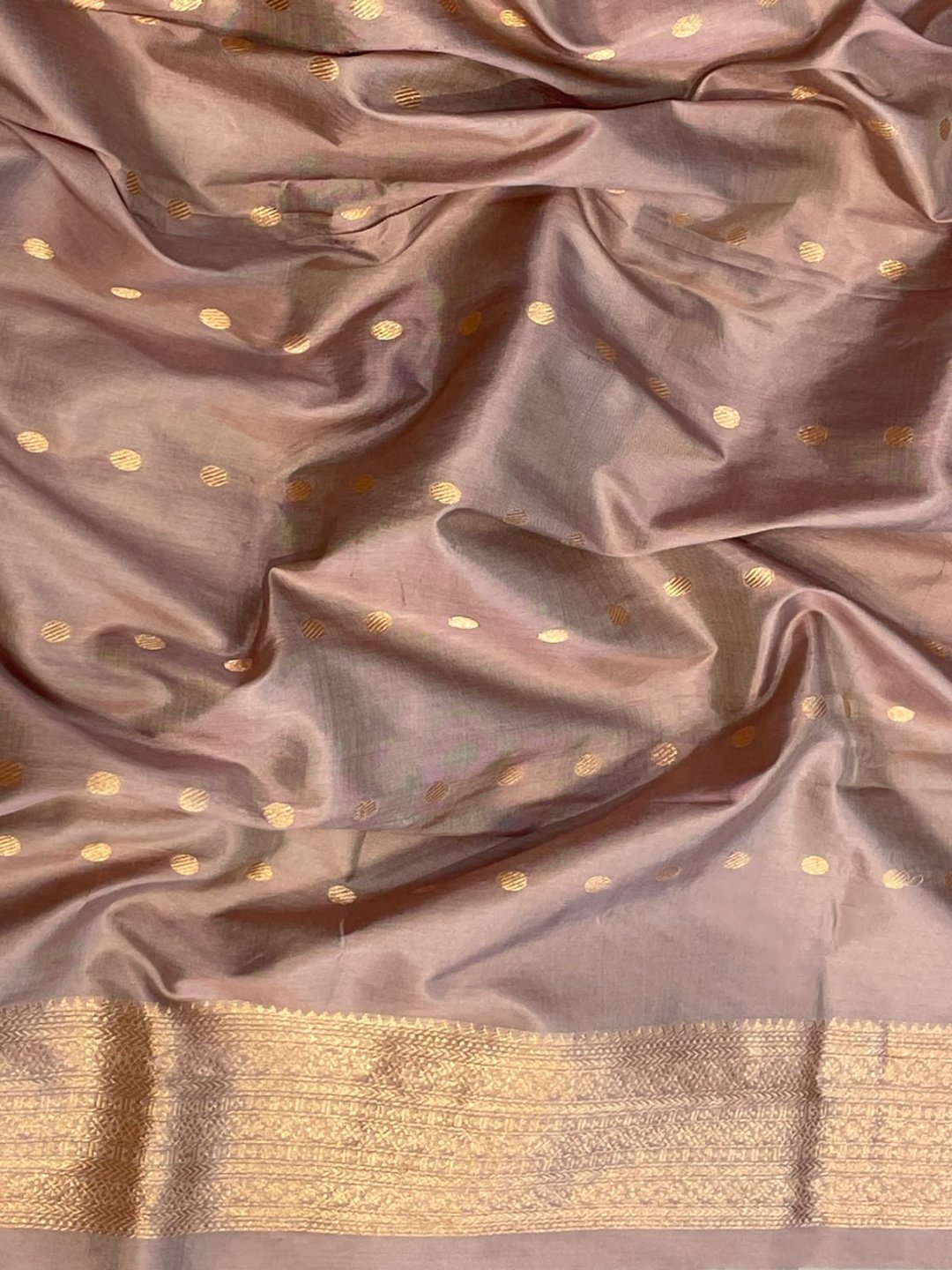 Dusty aqua blue with mauve taupe border Satin Silk Banarasi saree full spread