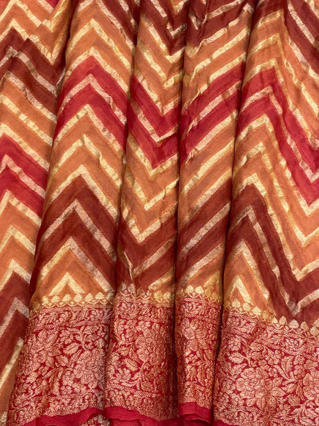 Peach tone with multicolor strips Chiffon Banarasi saree pallu detail
