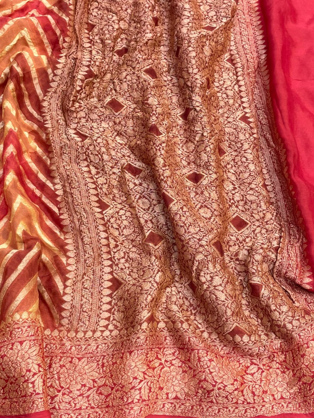 Peach tone with multicolor strips Chiffon Banarasi saree border closeup