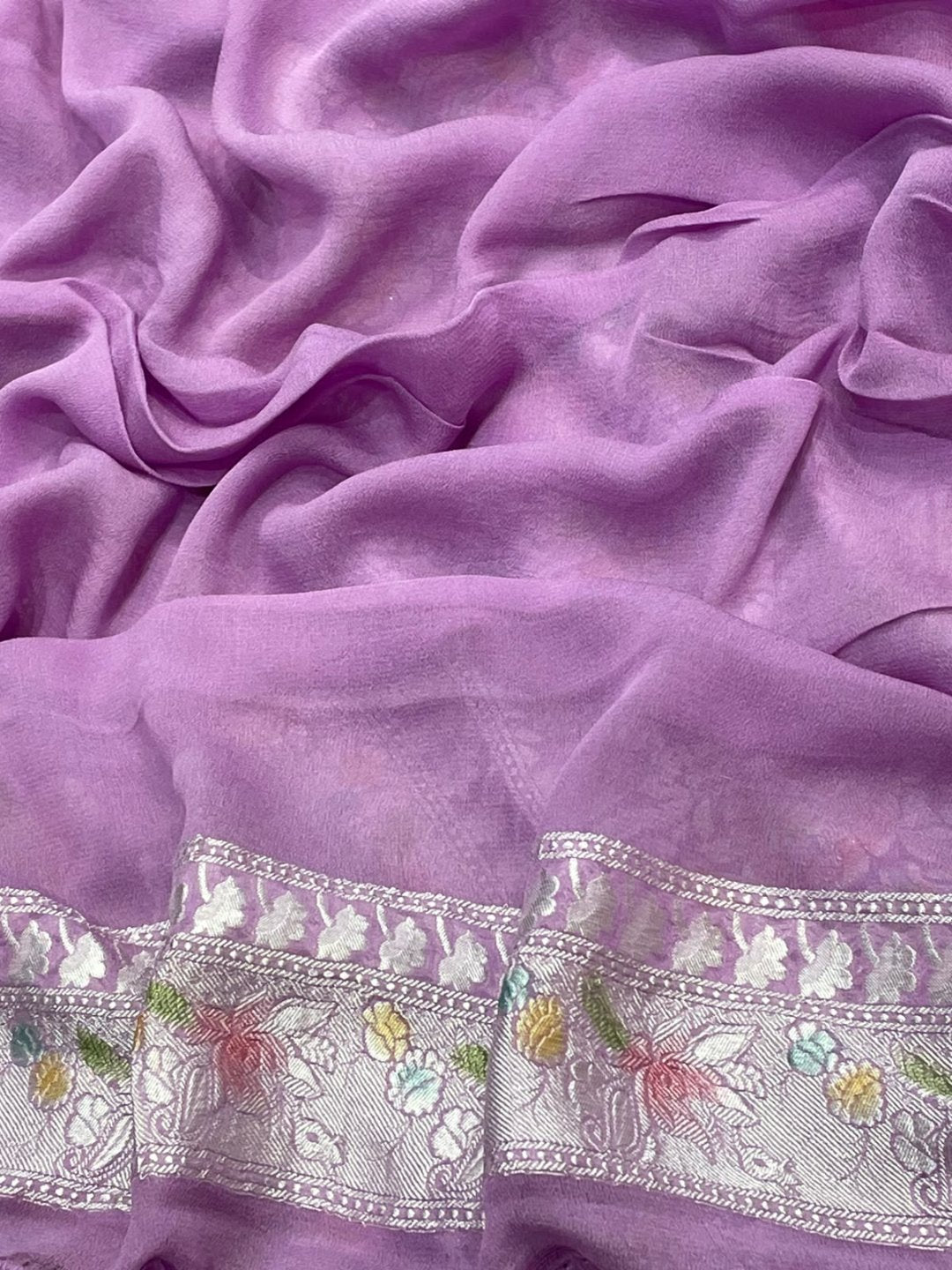 Light Levender with multicolor floral buta Georgette Banarasi saree full spread