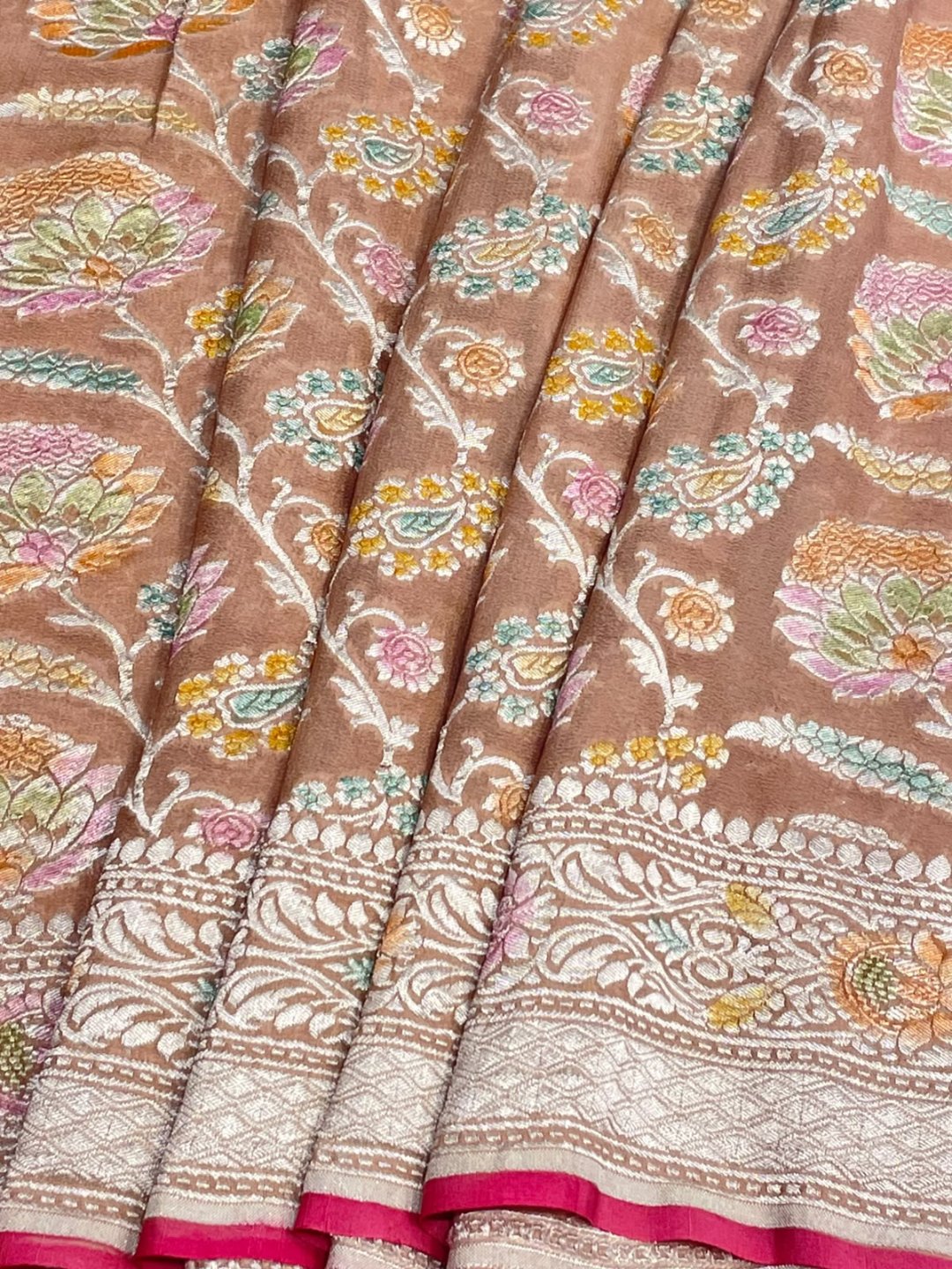Dusty Peach with multicolor floral Jaal Georgette Banarasi saree border closeup
