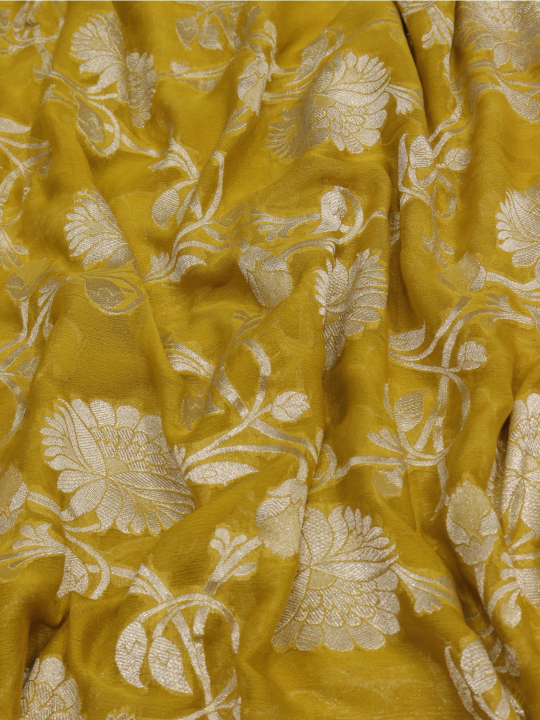 Musturd yellow silver zari jaal work Georgette Banarasi saree pallu detail