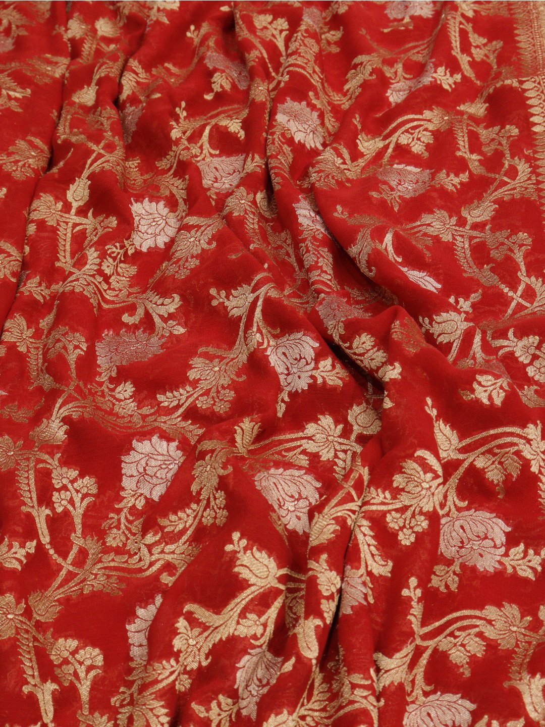 Dark Red with orange border tone Georgette Banarasi saree pallu detail