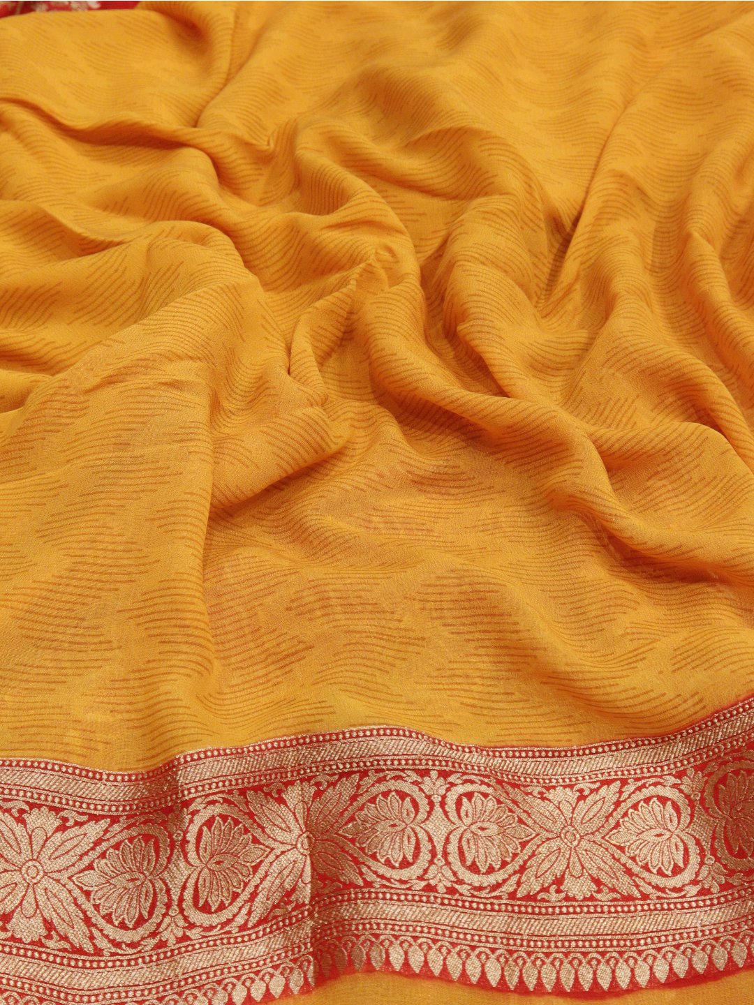 Dark Red with orange border tone Georgette Banarasi saree full spread