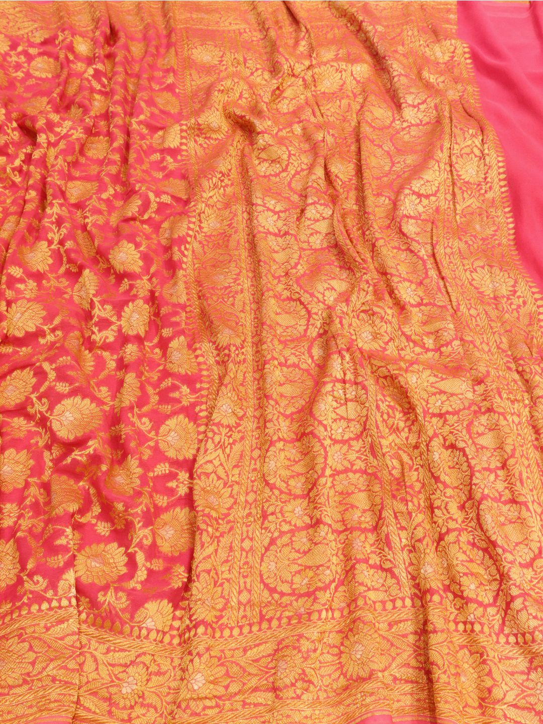 Pink Golden and Silver Zari jaal work Georgette Banarasi saree front drape view