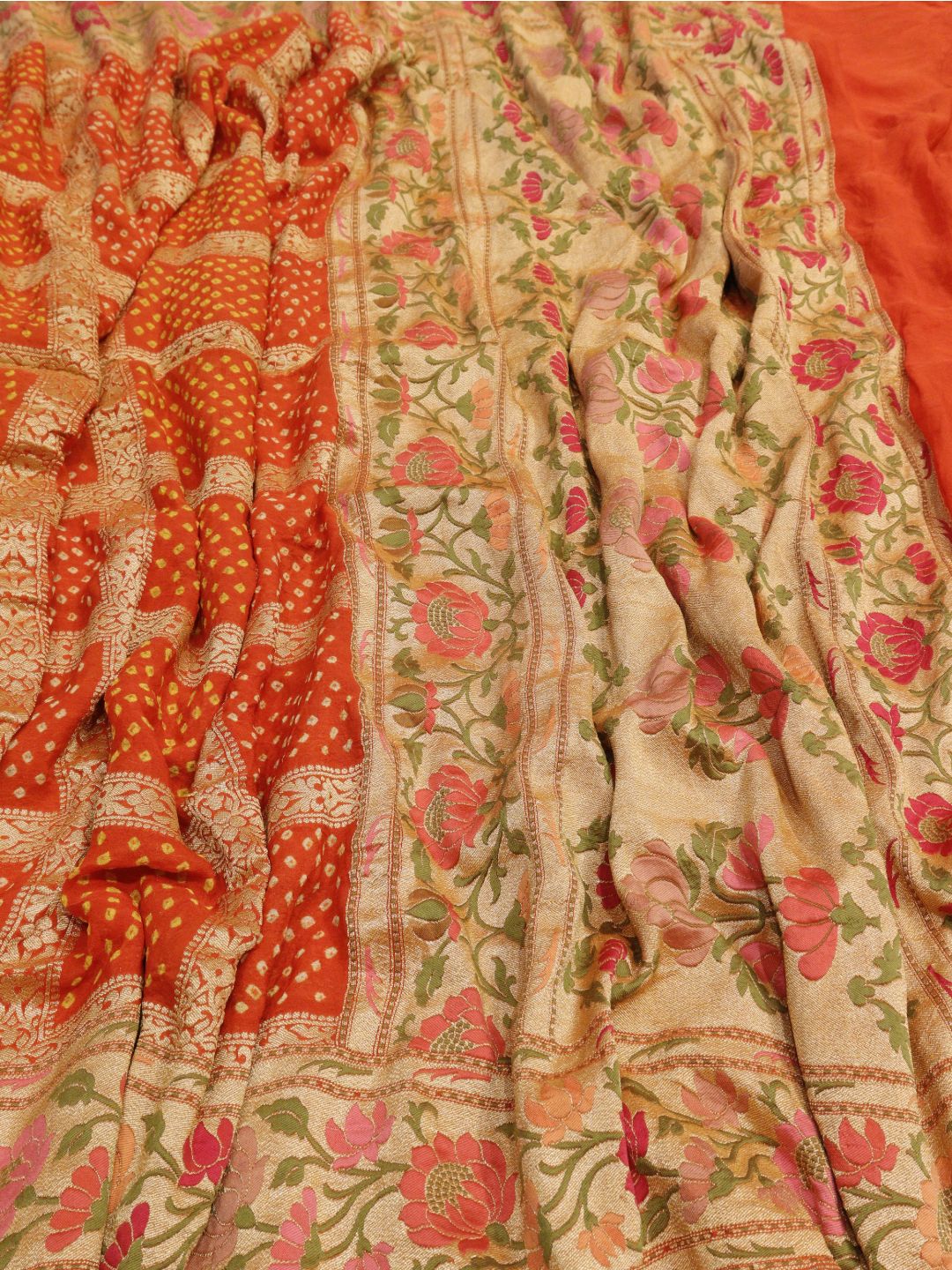Orange Bandhani Banarasi saree front drape view