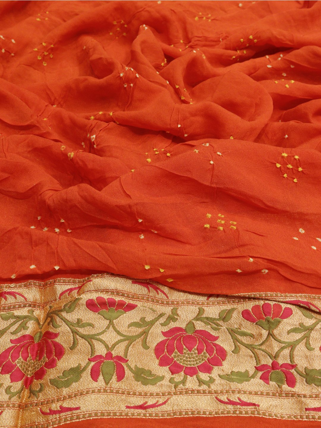 Orange Bandhani Banarasi saree full spread