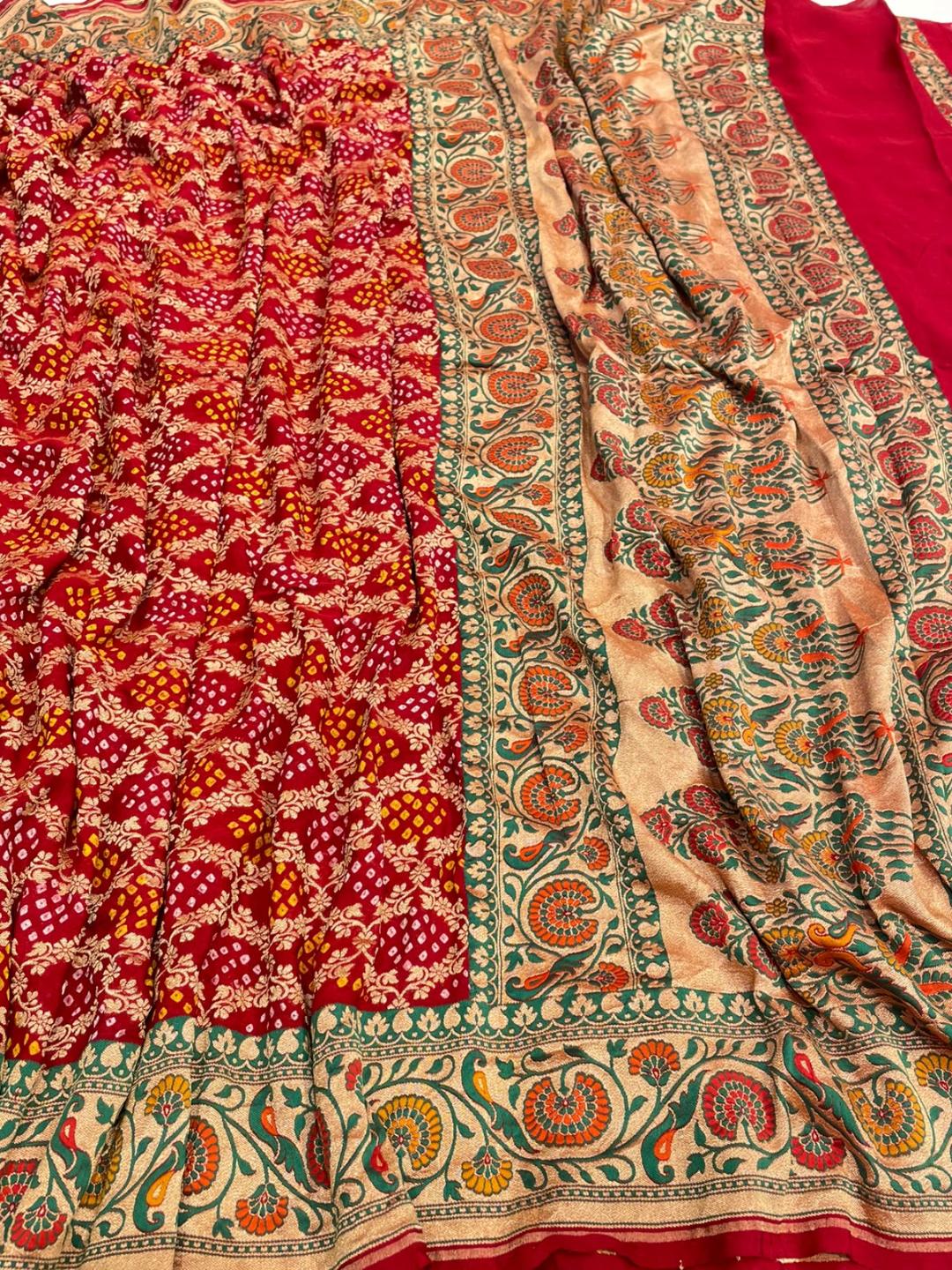 Deep Red Bandhani Banarasi saree border closeup