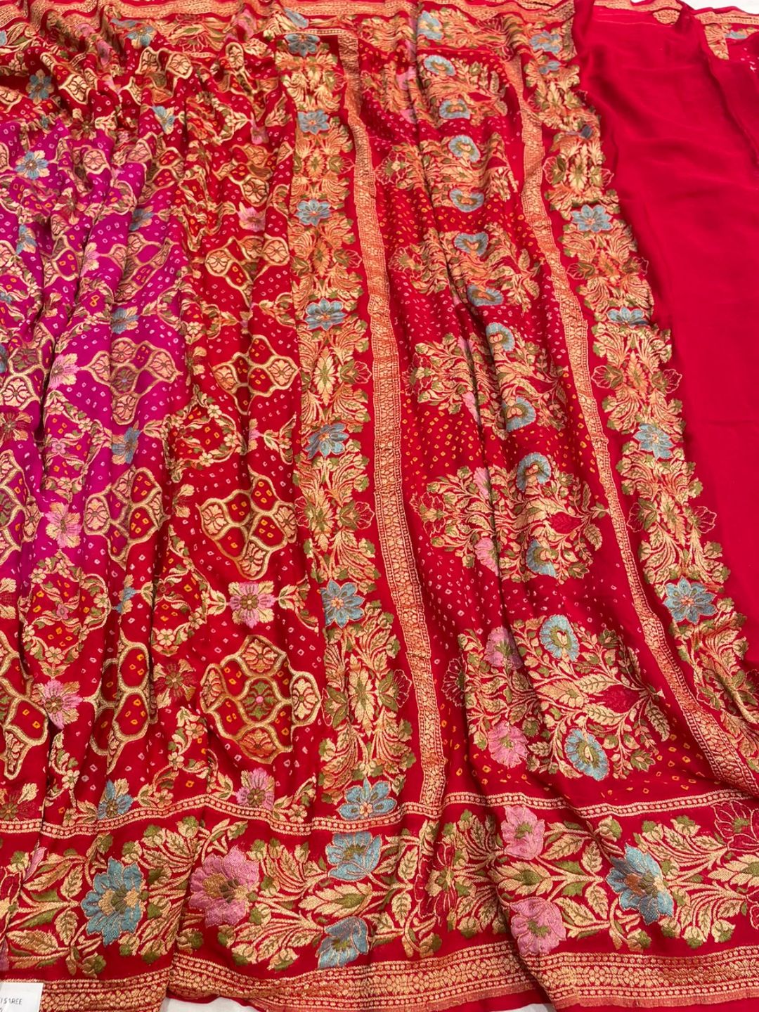 Dark. pink with red border Bandhani Banarasi saree blouse piece