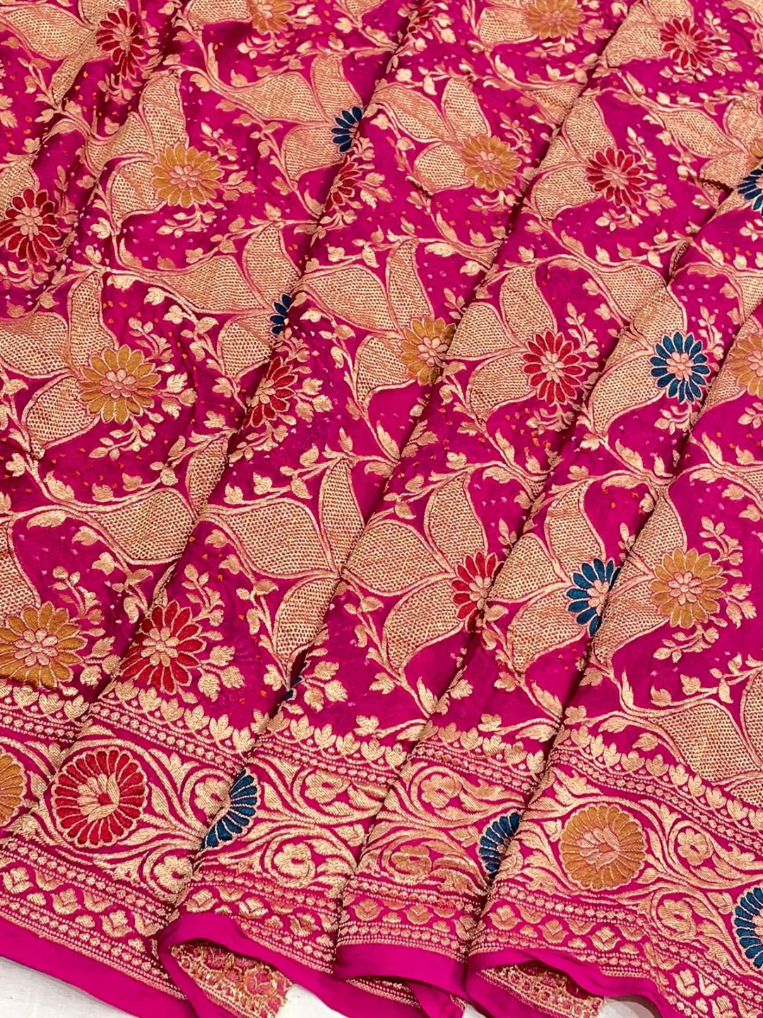 Dark Red with multicolor floral work Bandhani Banarasi saree pallu detail
