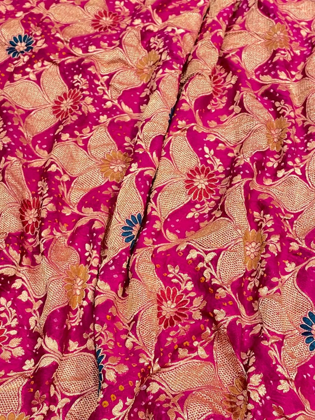 Dark Red with multicolor floral work Bandhani Banarasi saree blouse piece