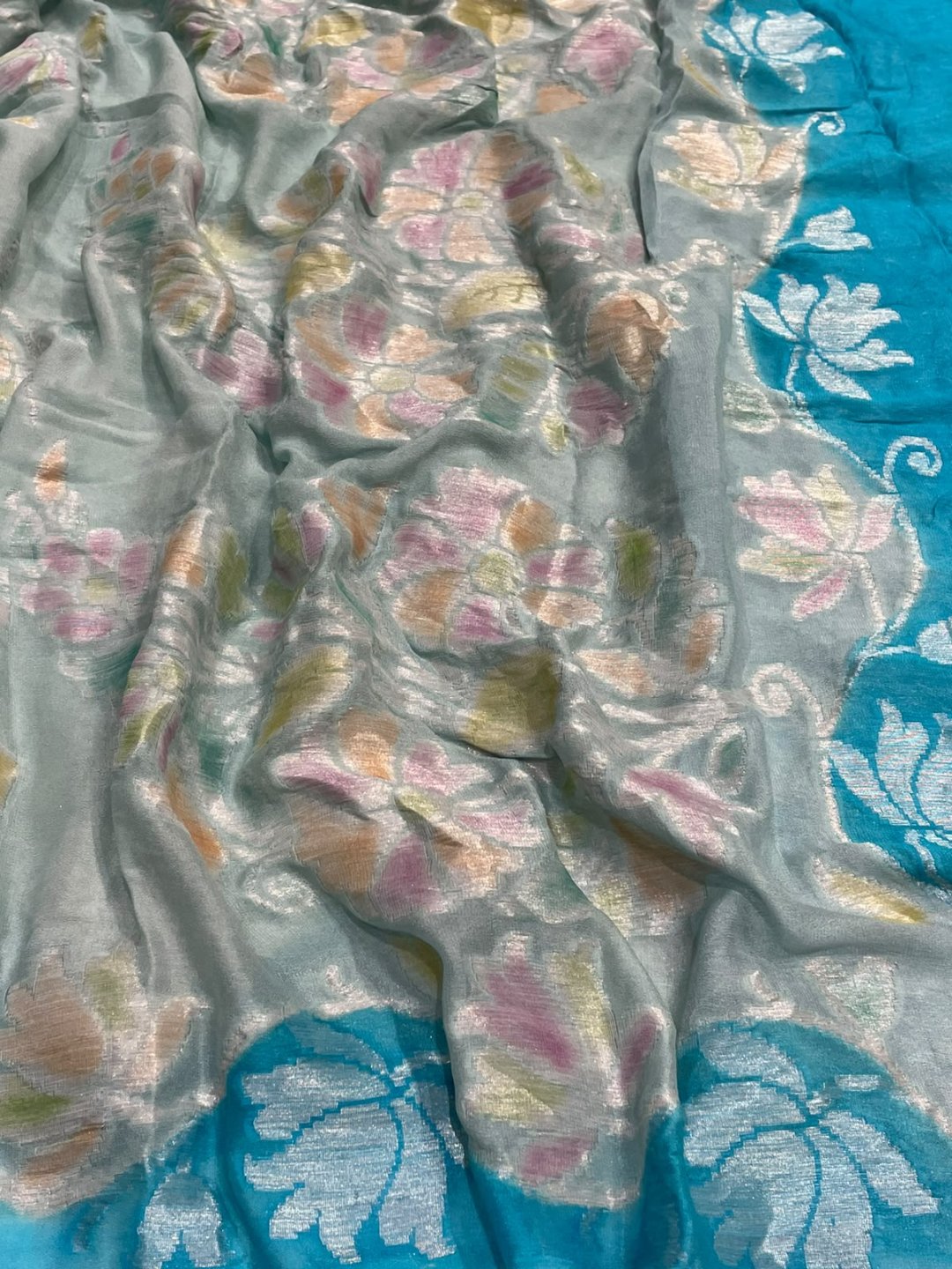 Light Sea Blue with sky blue border Chiffon Banarasi saree border closeup