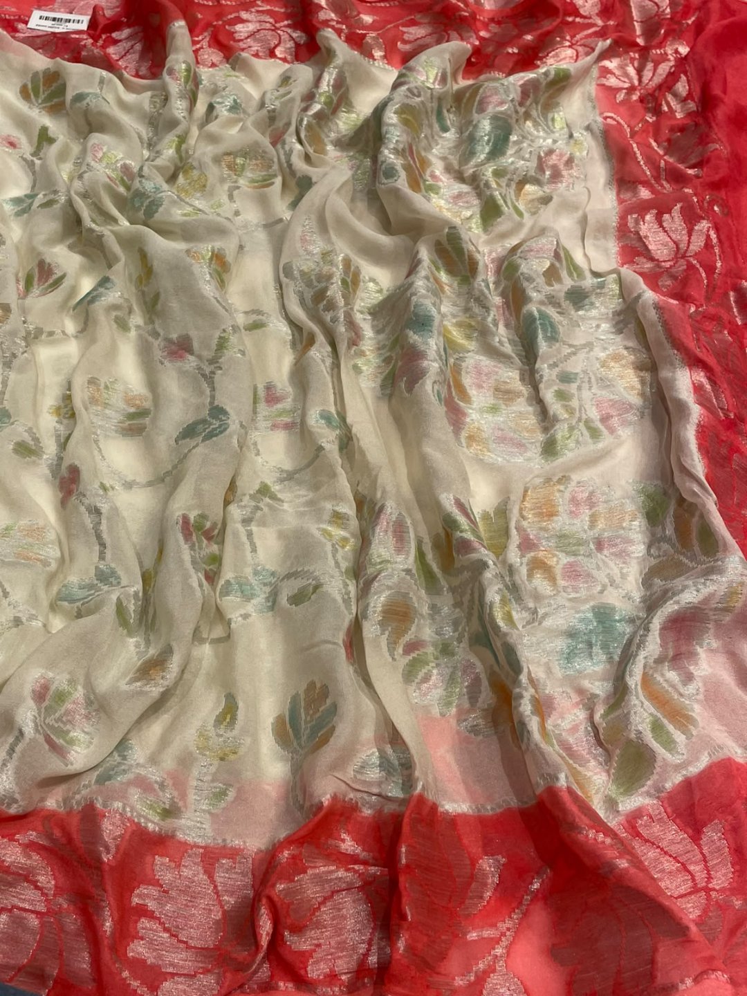 Off white Chiffon Banarasi saree front drape view