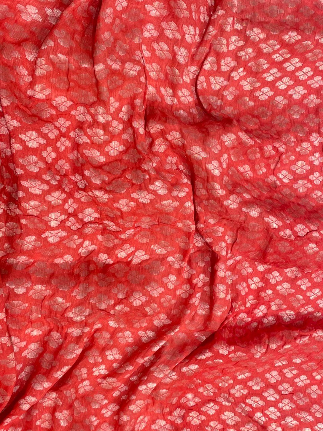 Peach with coral pink border Chiffon Banarasi saree full spread
