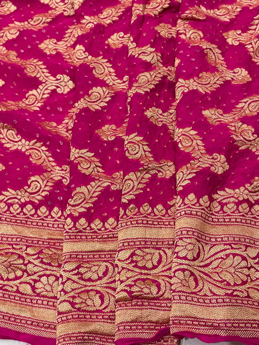 Rose Pink with Golden floral work Bandhani Banarasi saree front drape view