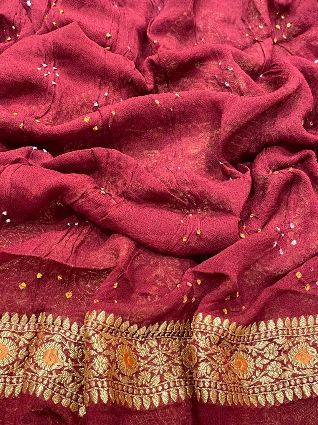 Dark Maroon with Golden floral work Bandhani Banarasi saree blouse piece