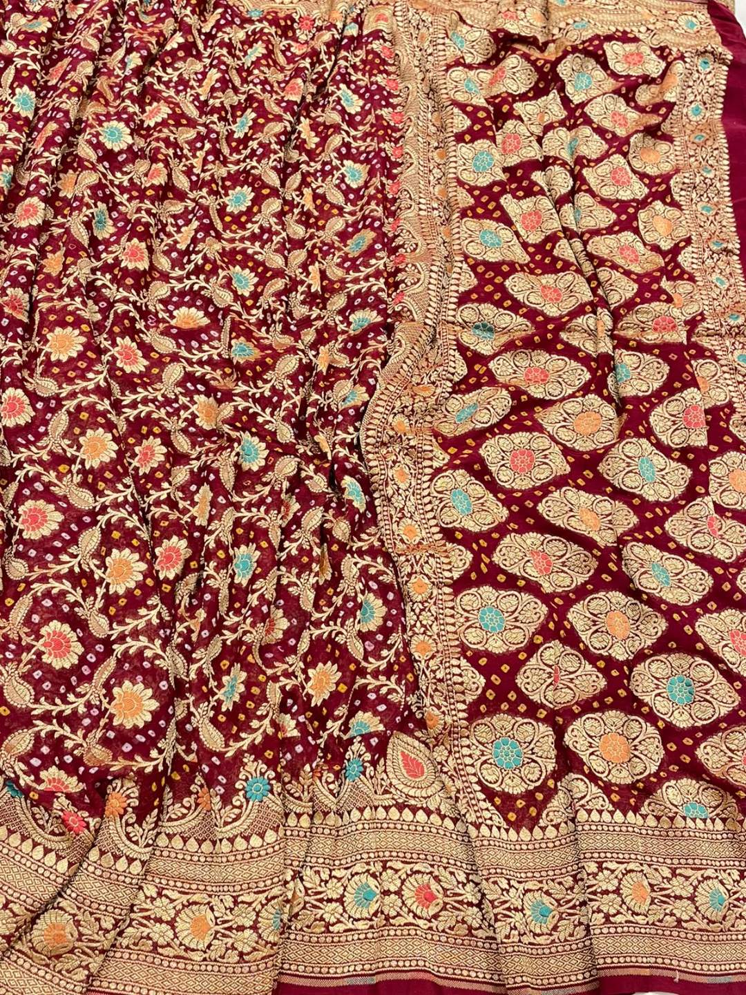 Dark Maroon with Golden floral work Bandhani Banarasi saree front drape view