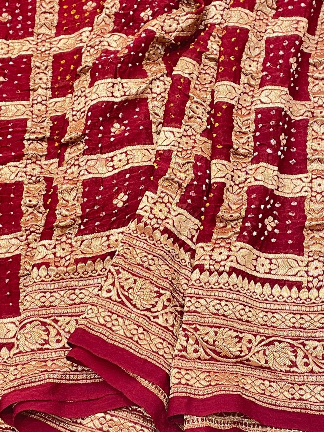 Maroon Bandhani Banarasi saree front drape view