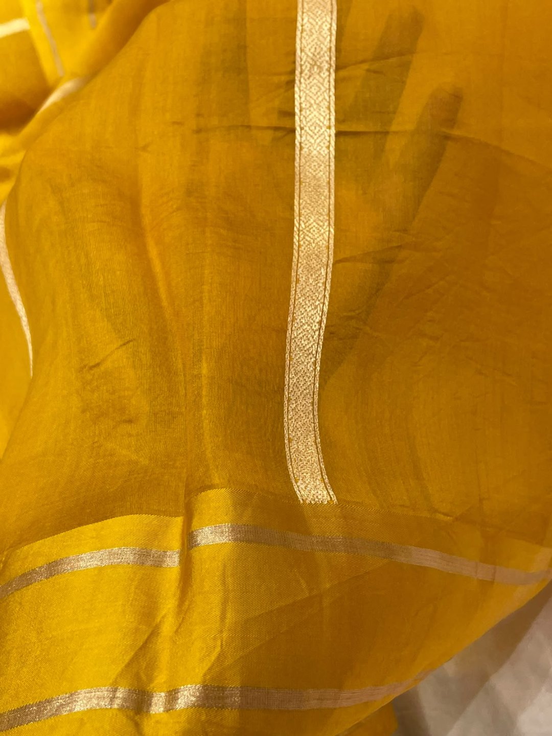 Musturd yellow Kora Silk Banarasi saree pallu detail