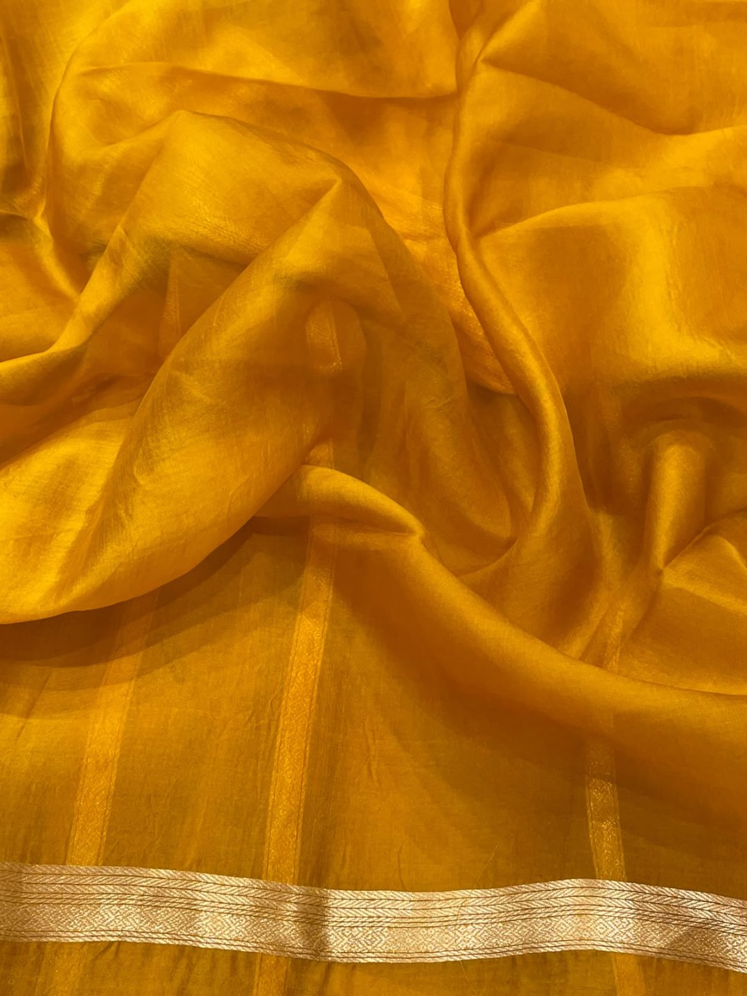 Musturd yellow Kora Silk Banarasi saree full spread