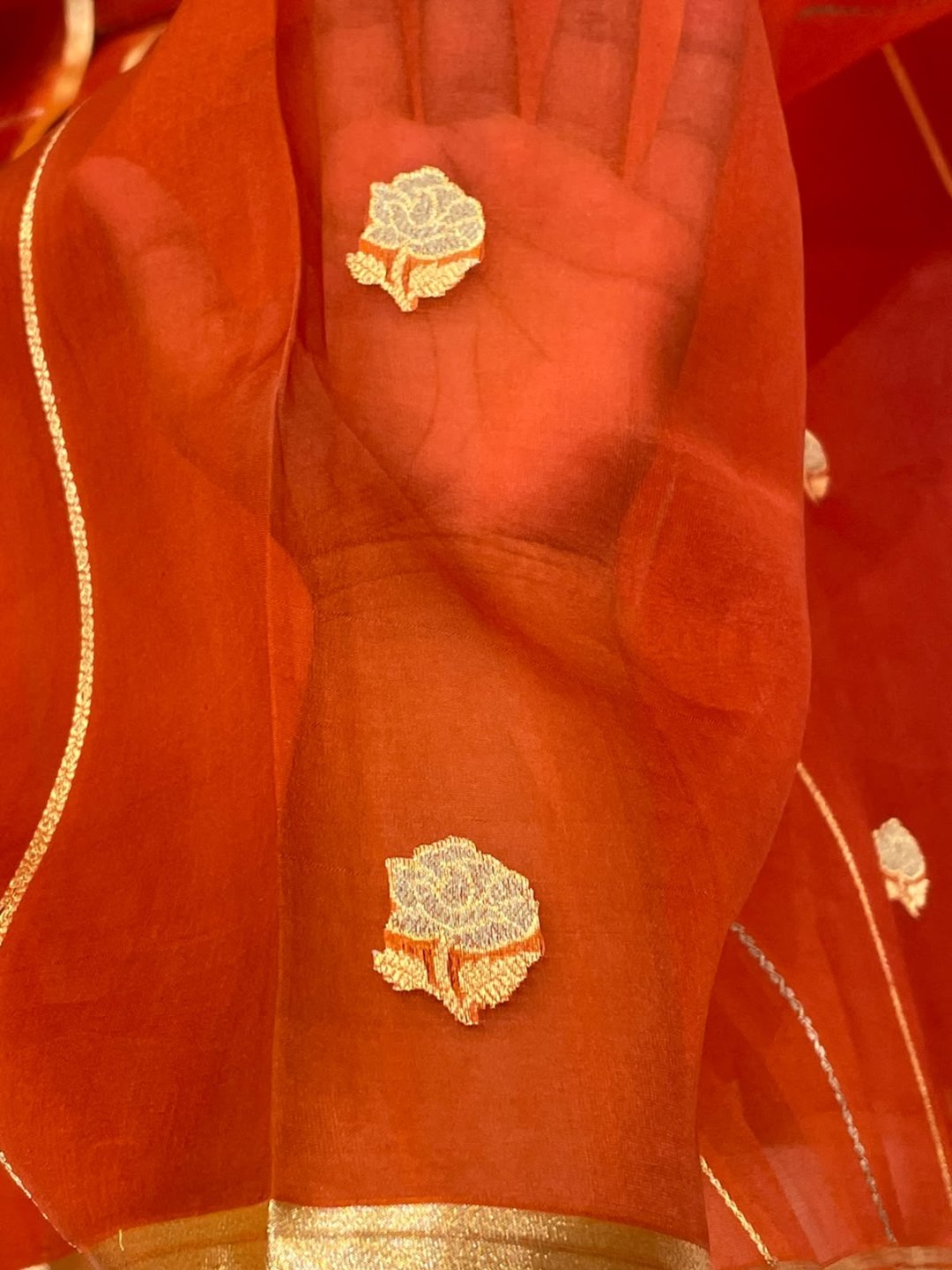 Rust Orange Kora Silk Banarasi saree border closeup
