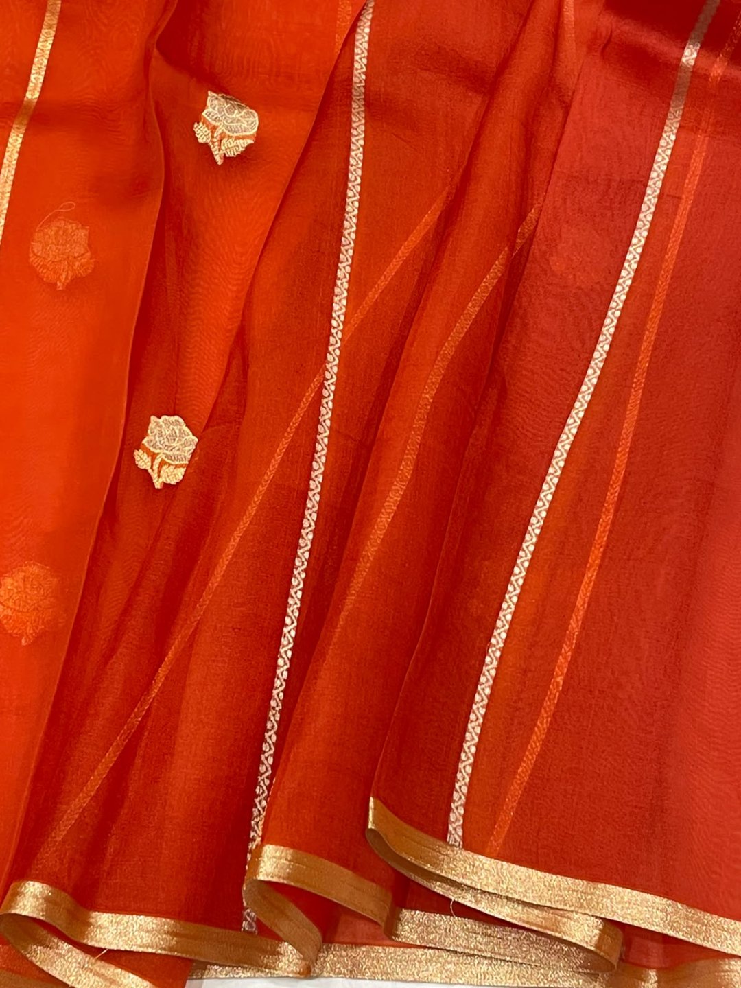 Rust Orange Kora Silk Banarasi saree full spread