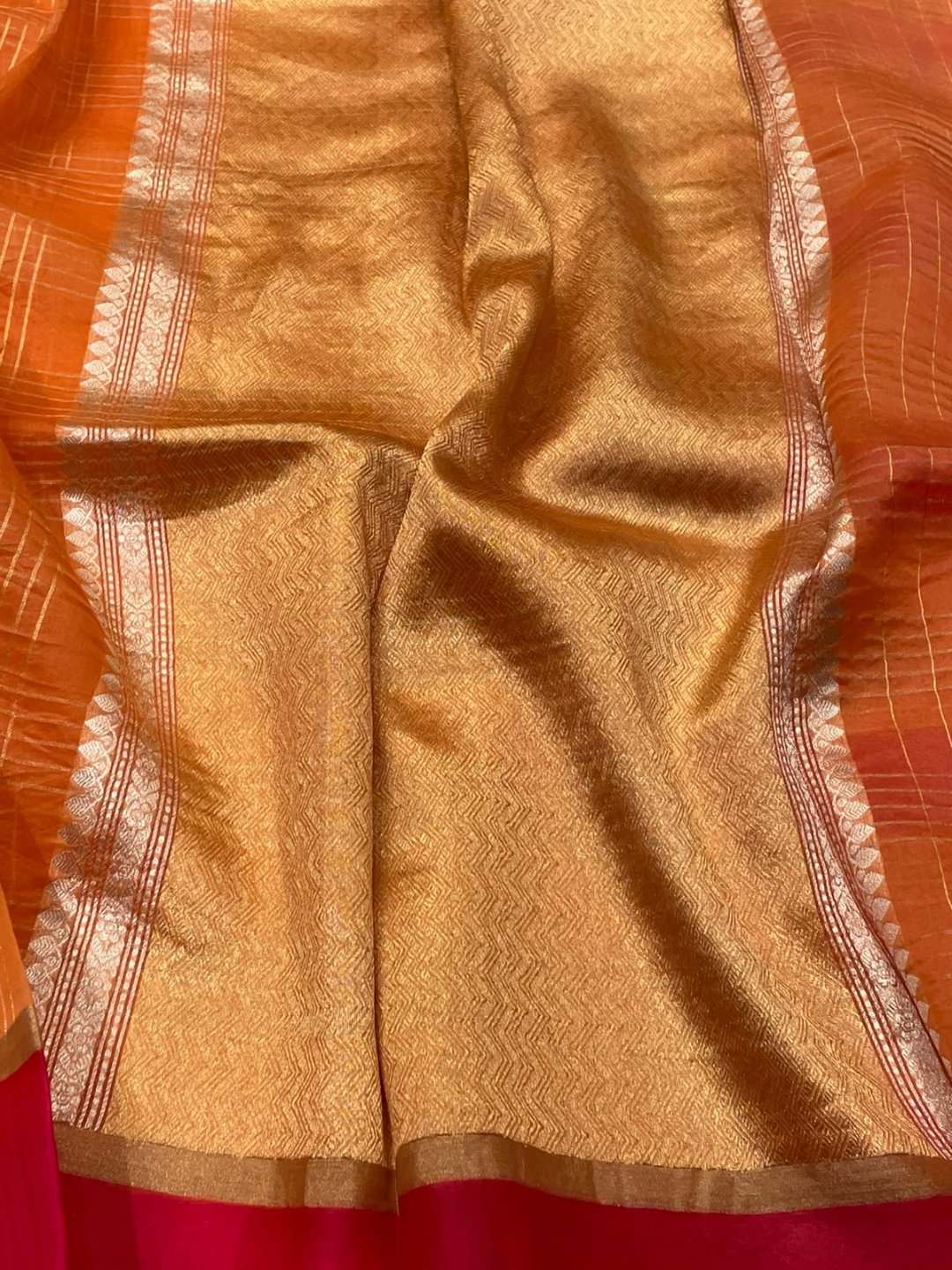 Light Orange with pink border Kora Silk Banarasi saree blouse piece