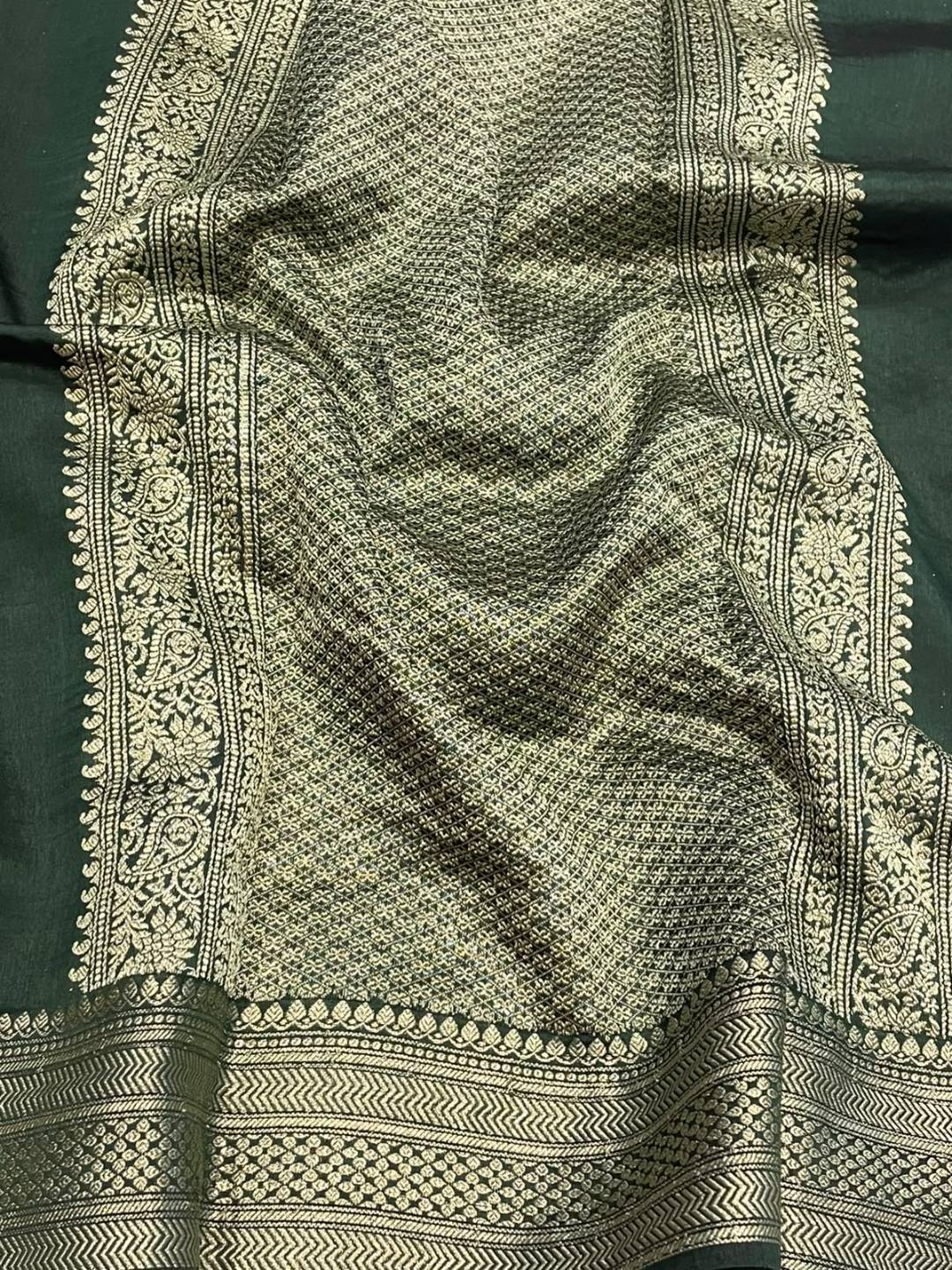 Bottle Green Katan Silk Banarasi saree pallu detail