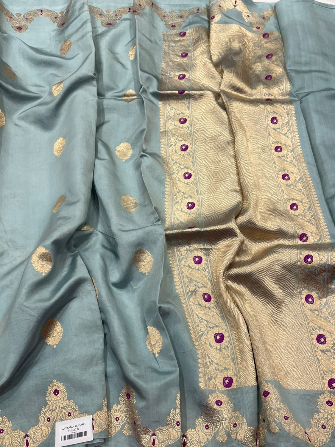 Smokey Grey with Rani small buti Katan Silk Banarasi saree front drape view
