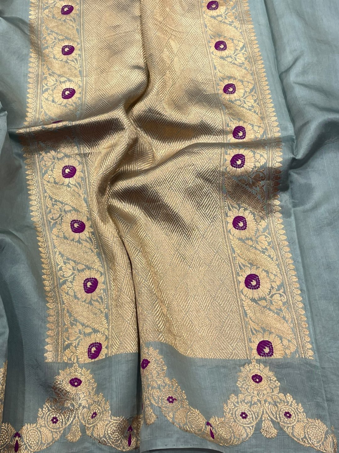 Smokey Grey with Rani small buti Katan Silk Banarasi saree pallu detail