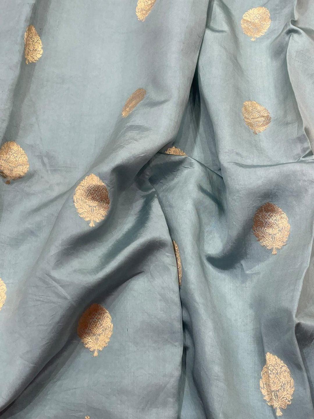 Smokey Grey with Rani small buti Katan Silk Banarasi saree border closeup