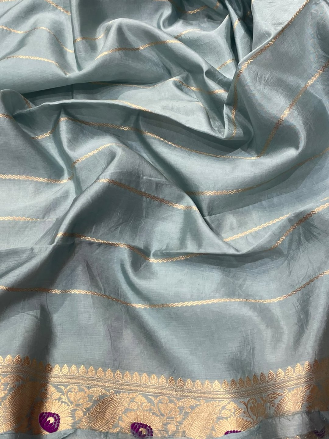 Smokey Grey with Rani small buti Katan Silk Banarasi saree full spread