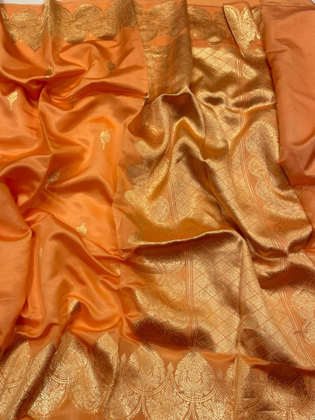 Peach Katan Silk Banarasi saree front drape view