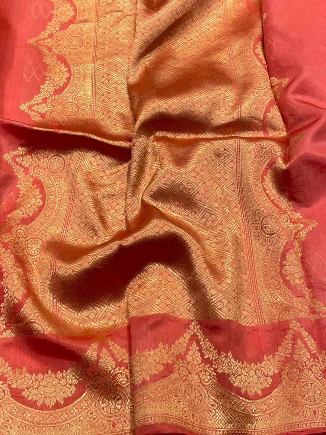 Peach Katan Silk Banarasi saree pallu detail