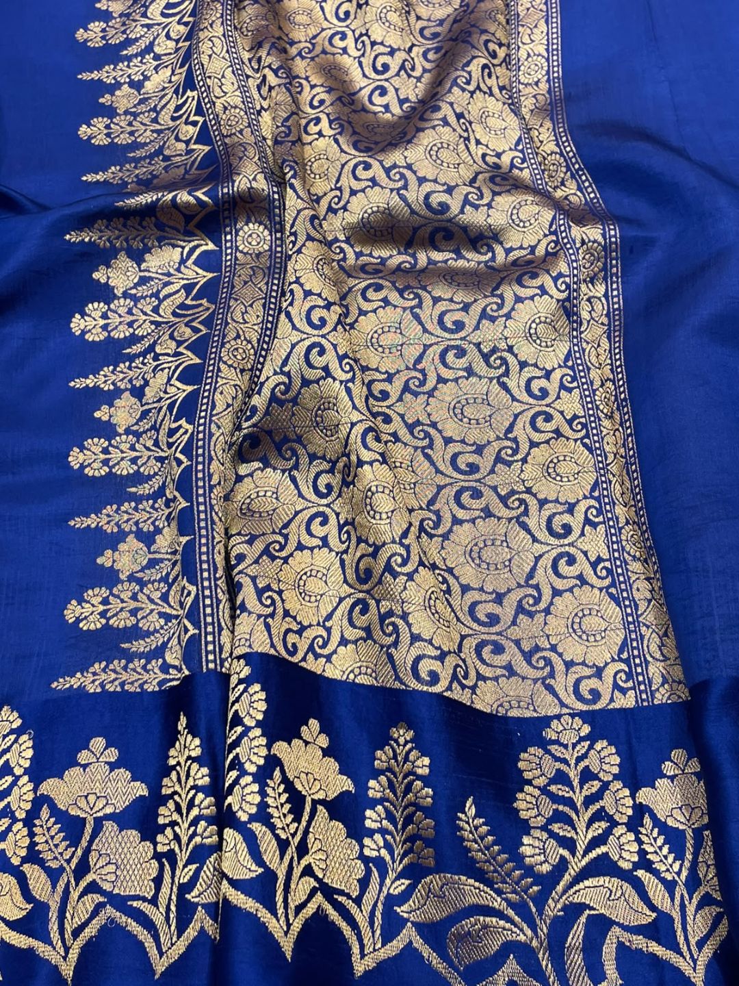 Royal blue Katan Silk Banarasi saree front drape view