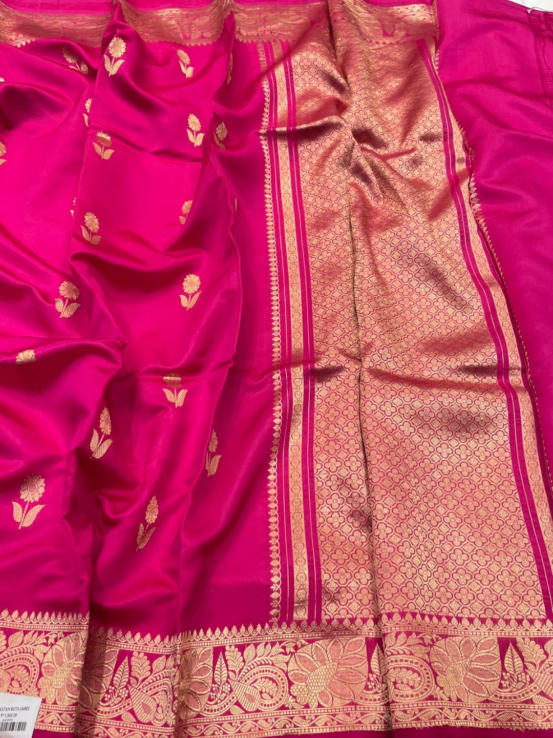 Royal Pink Katan Silk Banarasi saree front drape view