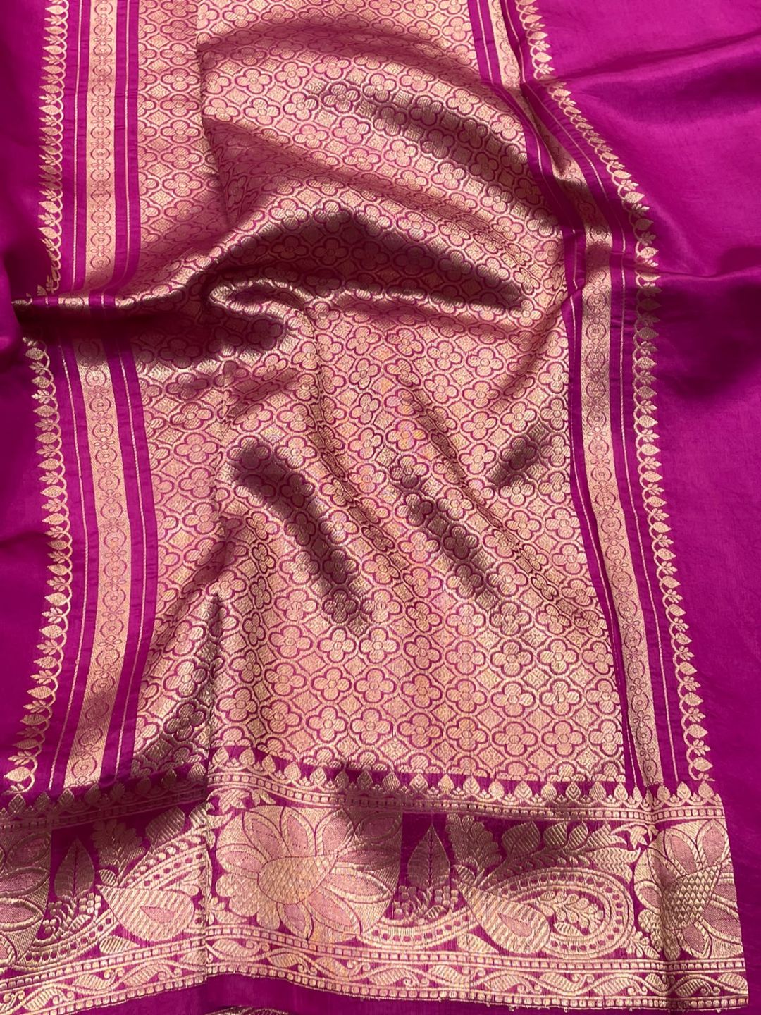 Rani Pink Katan Silk Banarasi saree front drape view