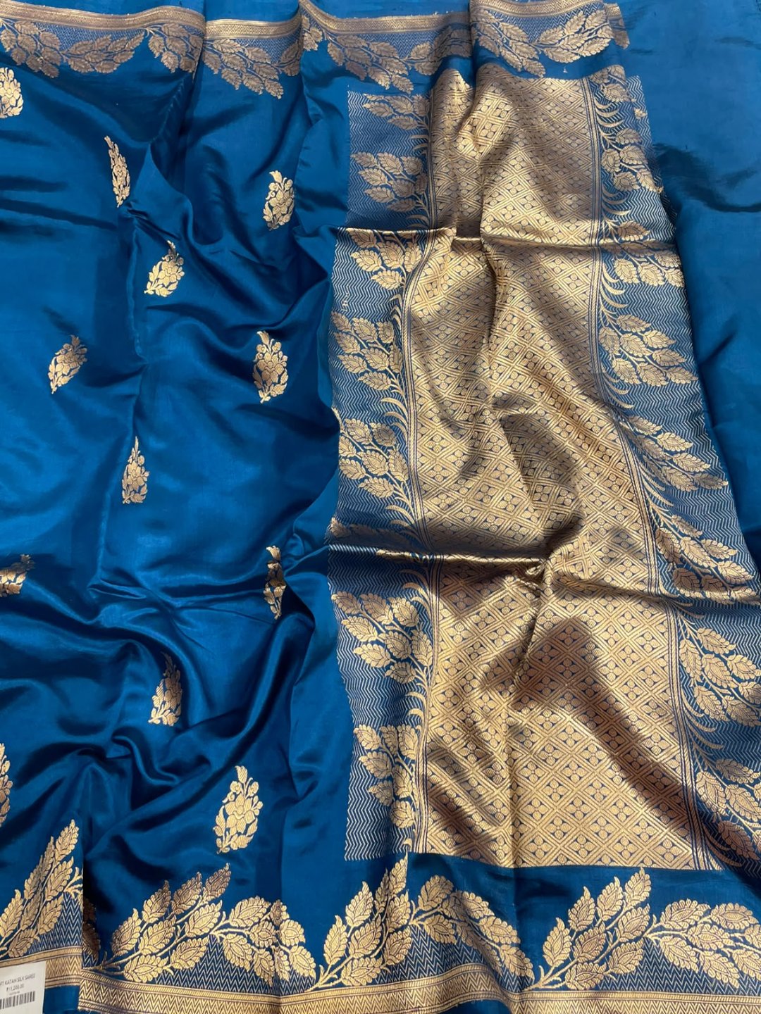 Rama Blue Katan Silk Banarasi saree front drape view