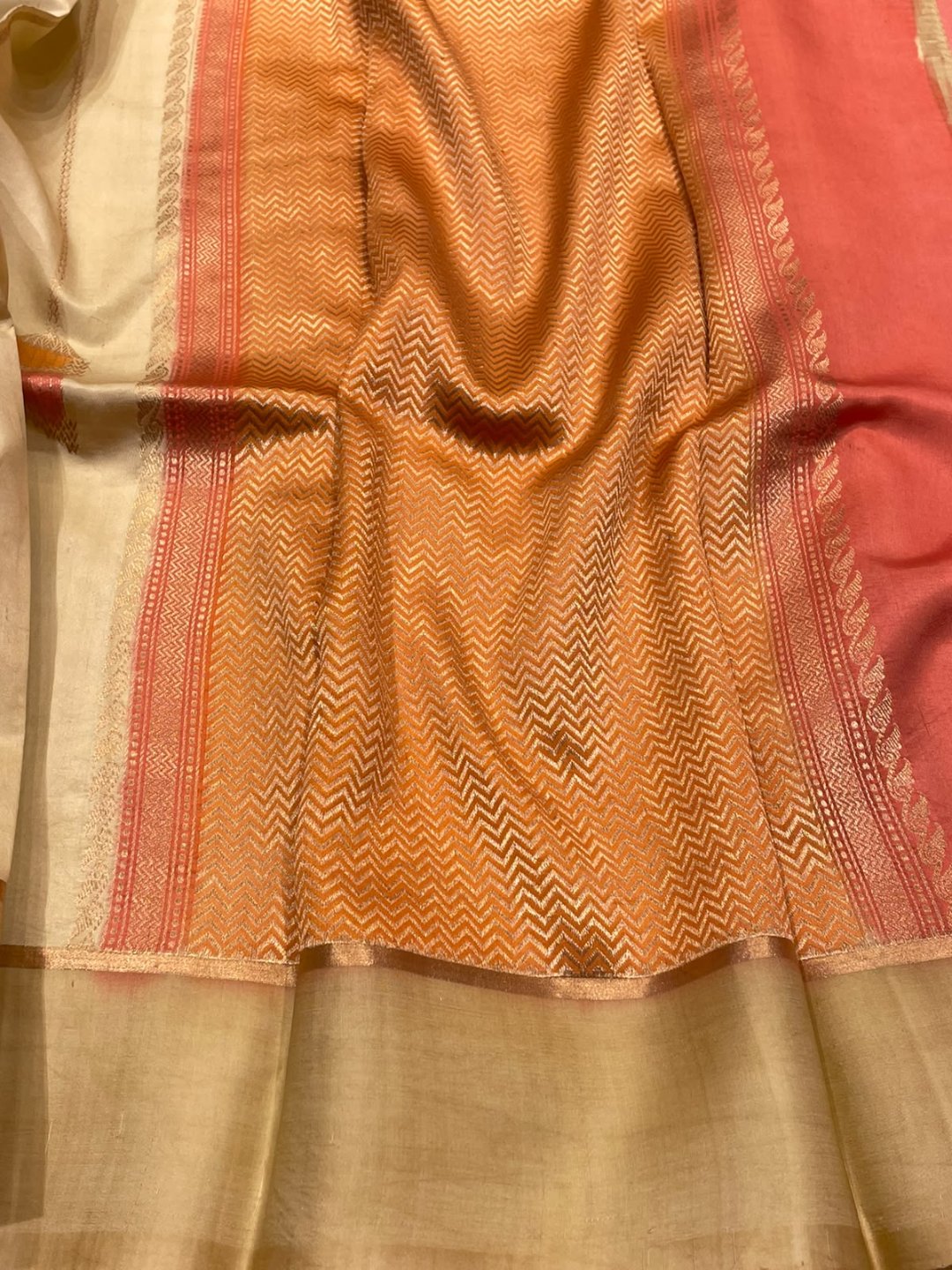 Ivory with Orange and Pink shade Katan Silk Banarasi saree pallu detail