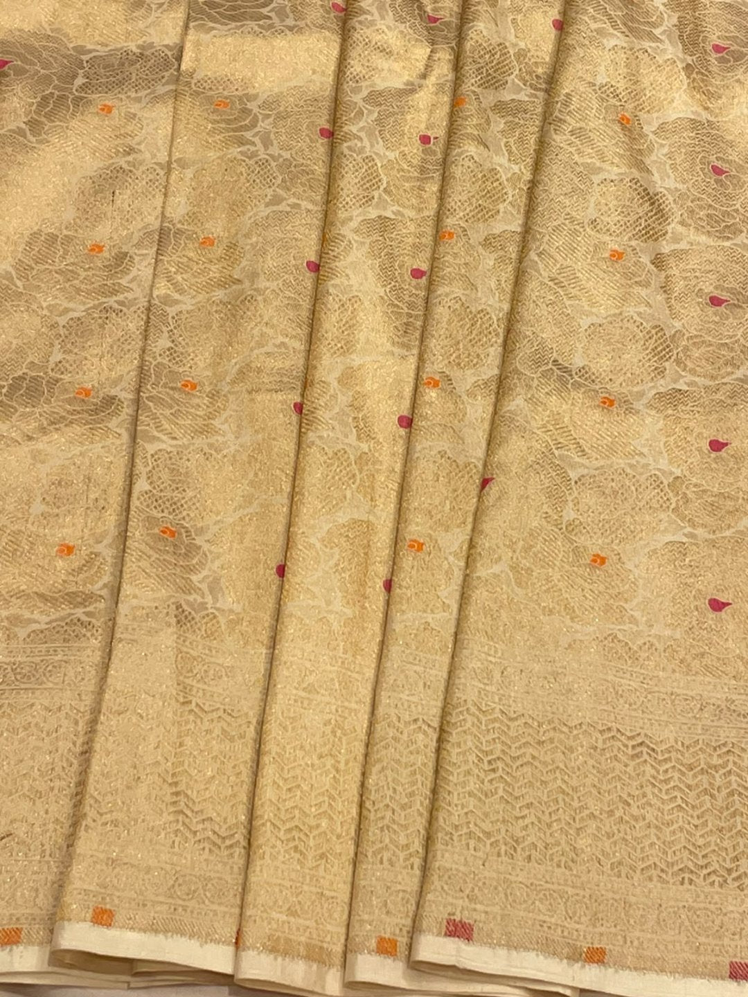 Ivory with Orange and Pink buta Katan Silk Banarasi saree blouse piece