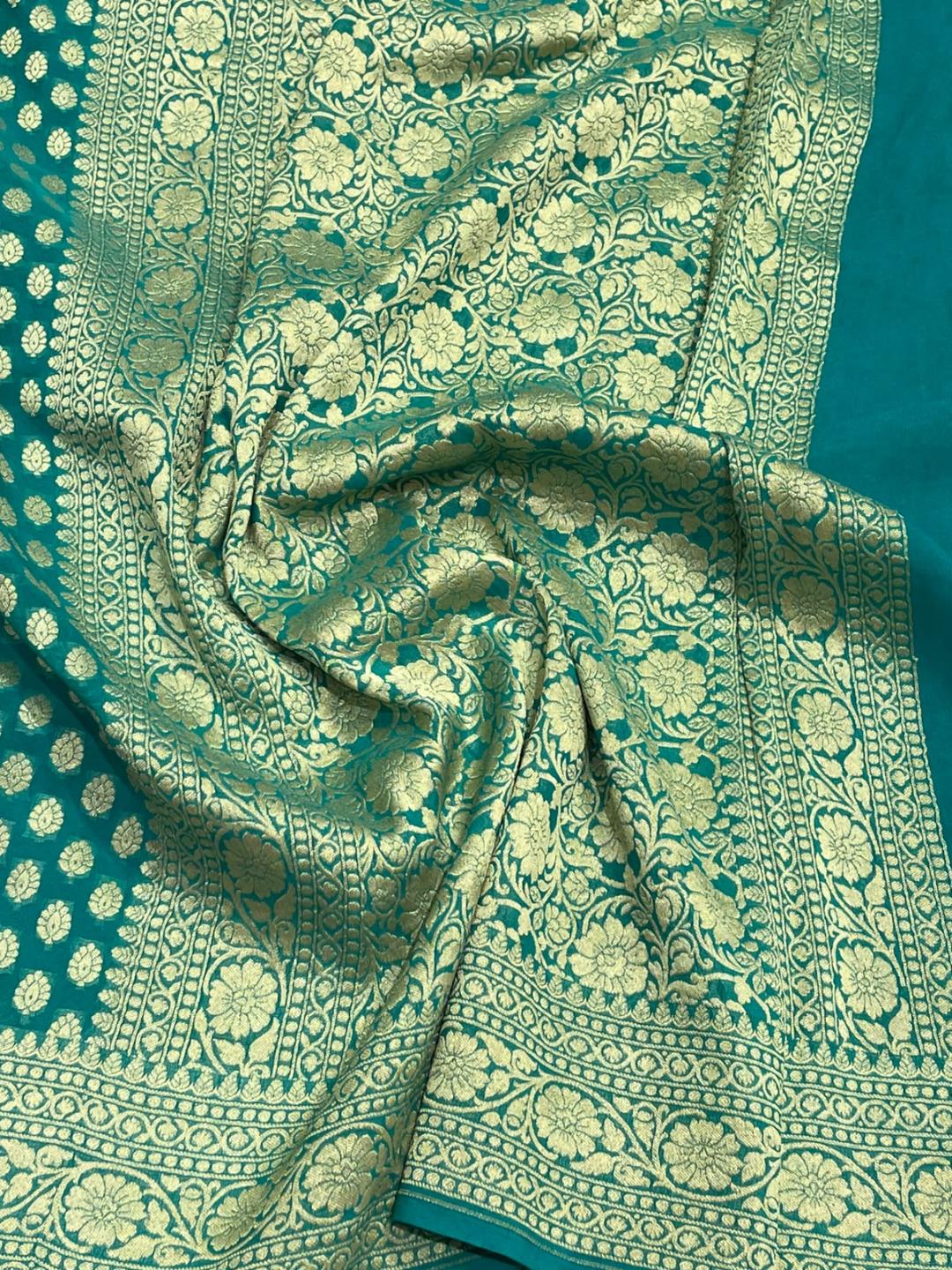 Green Chiffon Banarasi saree pallu detail