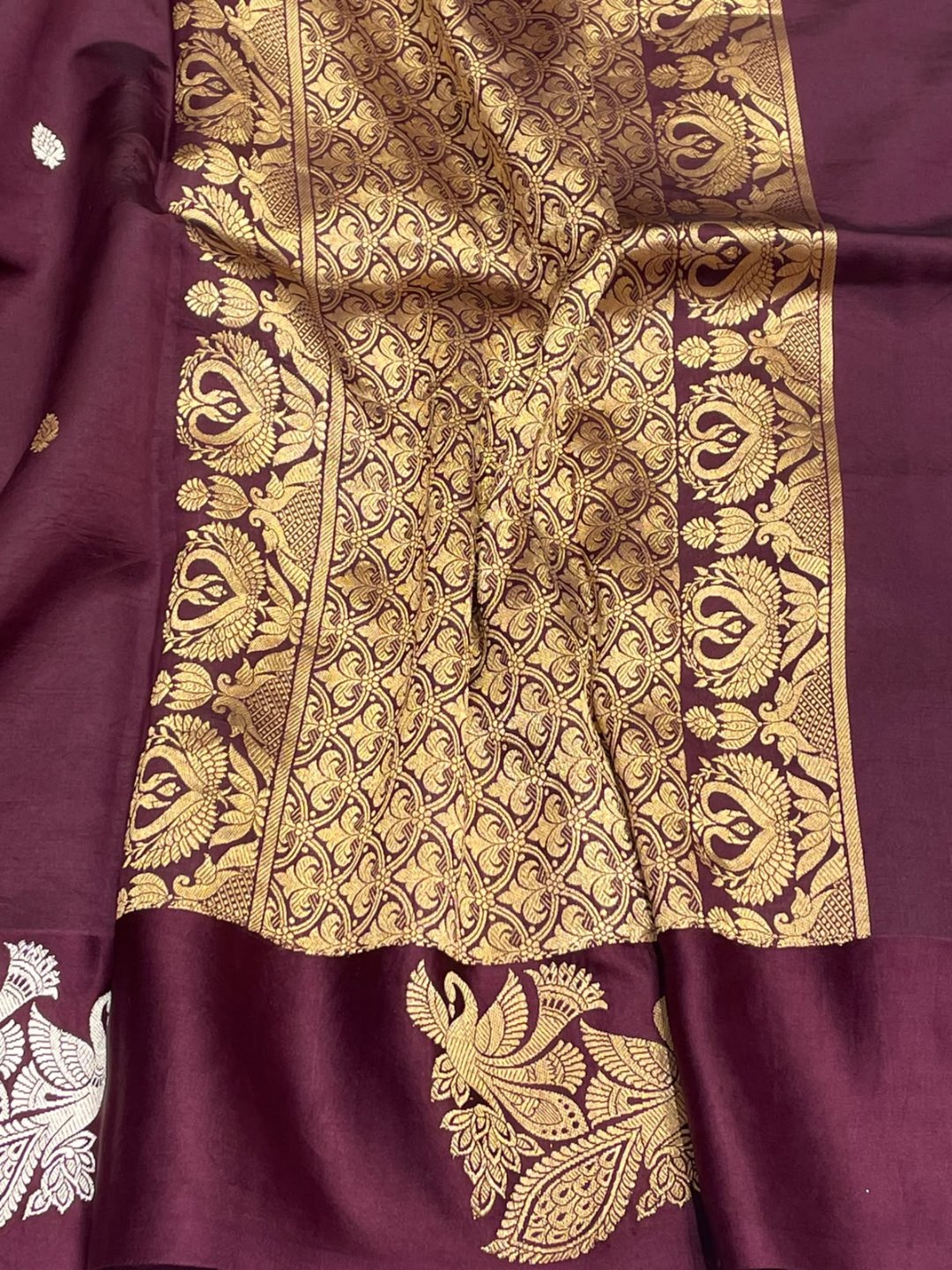 Deep Maroon Katan Silk Banarasi saree front drape view