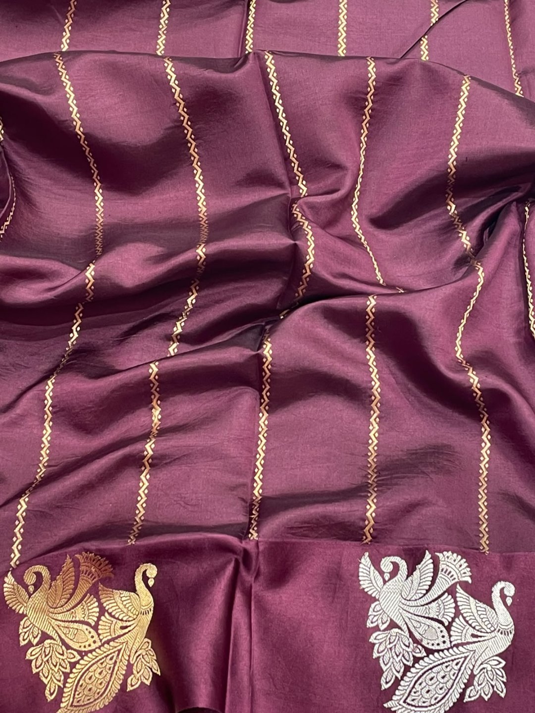 Deep Maroon Katan Silk Banarasi saree full spread