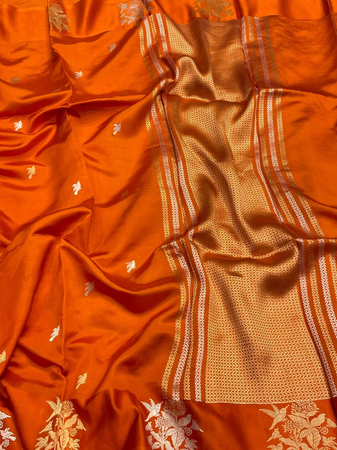 Burnt Orange Katan Silk Banarasi saree front drape view