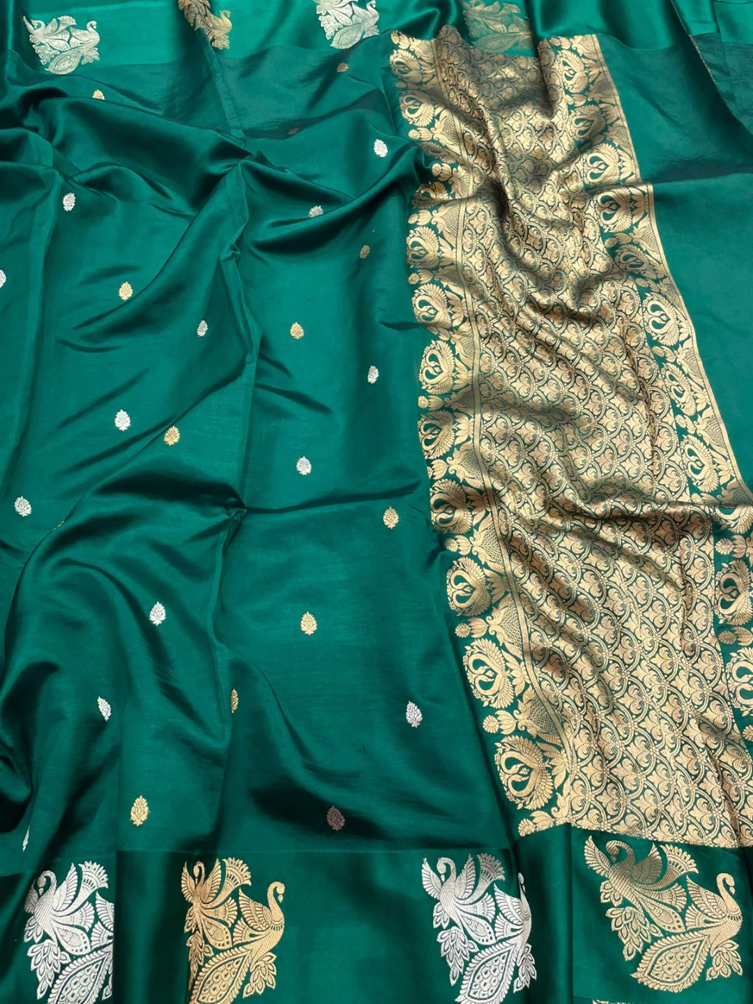 Dark Green Katan Silk Banarasi saree front drape view