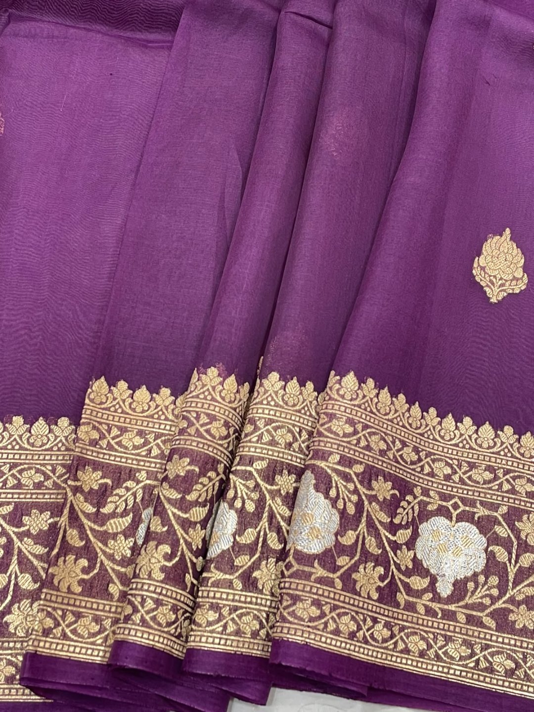 Deep Purple Kora Silk Banarasi saree texture detail