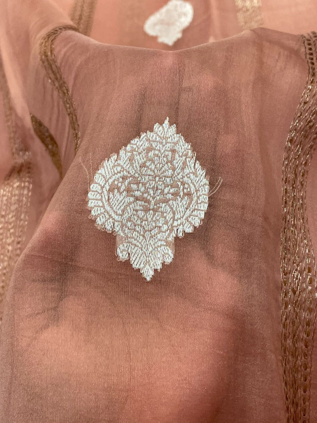 Peach Kora Silk Banarasi saree border closeup